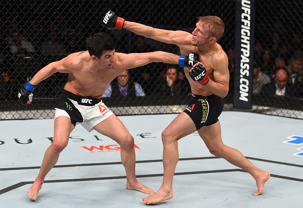 BOSTON, MA - JANUARY 17:  (R-L) TJ Dillashaw and Dominick Cruz trade punches in their UFC bantamweight championship bout during the UFC Fight Night event inside TD Garden on January 17, 2016 in Boston, Massachusetts. (Photo by Jeff Bottari/Zuffa LLC/Zuffa LLC via Getty Images)