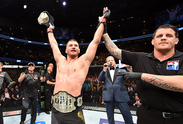 CLEVELAND, OH - SEPTEMBER 10:  UFC heavyweight champion Stipe Miocic celebrates after defeating Alistair Overeem of The Netherlands in their UFC heavyweight championship bout during the UFC 203 event at Quicken Loans Arena on September 10, 2016 in Cleveland, Ohio. (Photo by Josh Hedges/Zuffa LLC/Zuffa LLC via Getty Images)